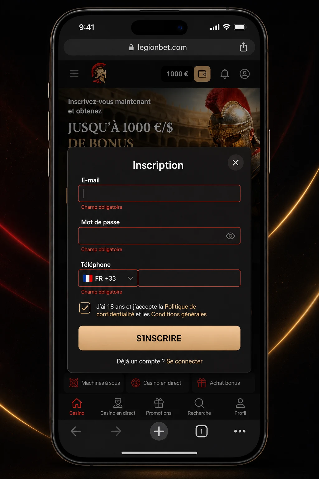 Formulaire d’inscription Legionbet Casino France